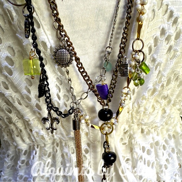 Green jade and Peridot and silver statement layered multi charms necklace - Picture 1 of 15